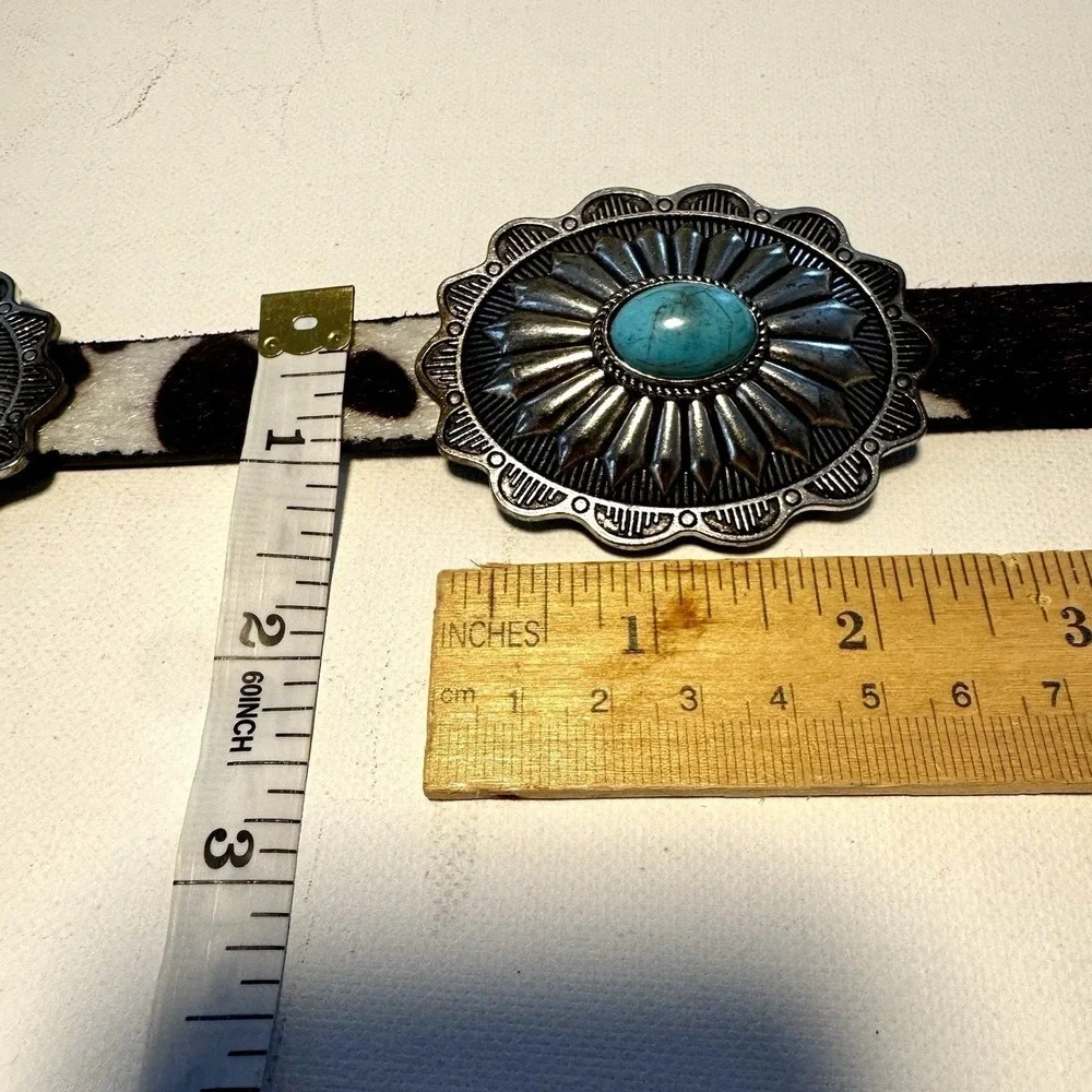 Haute Hippie Cow Print Silver and Turquoise Chain‎ Concho Belt NWT  One Size